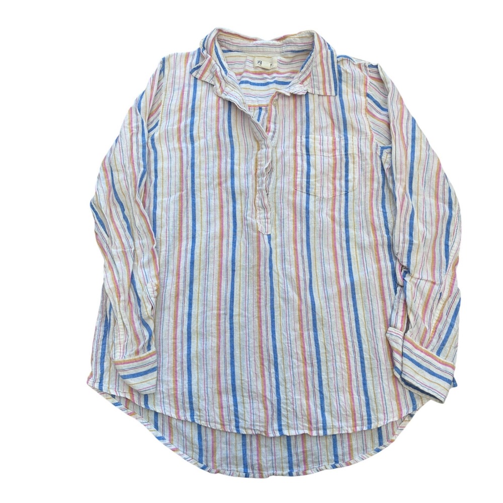 Per Se Women Large Linen Cotton Striped Popover Tunic Shirt Blue Pink Yellow